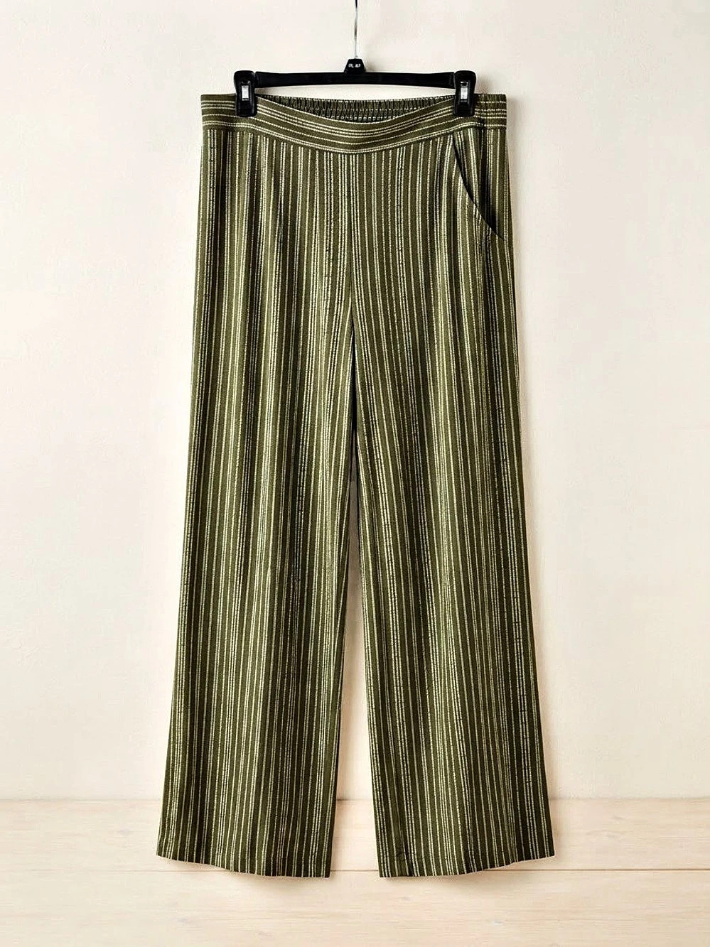 Three Dots Women's Pull-On Pant Striped Wide Leg Pants Green & White Large